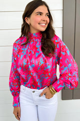 Blouse violette imprimée à manches bulles et col montant-A WOMAN WE LOVE