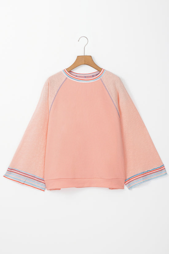 Grapefruit Orange Waffle Knit Raglan Top with Wide Sleeves and Patchwork