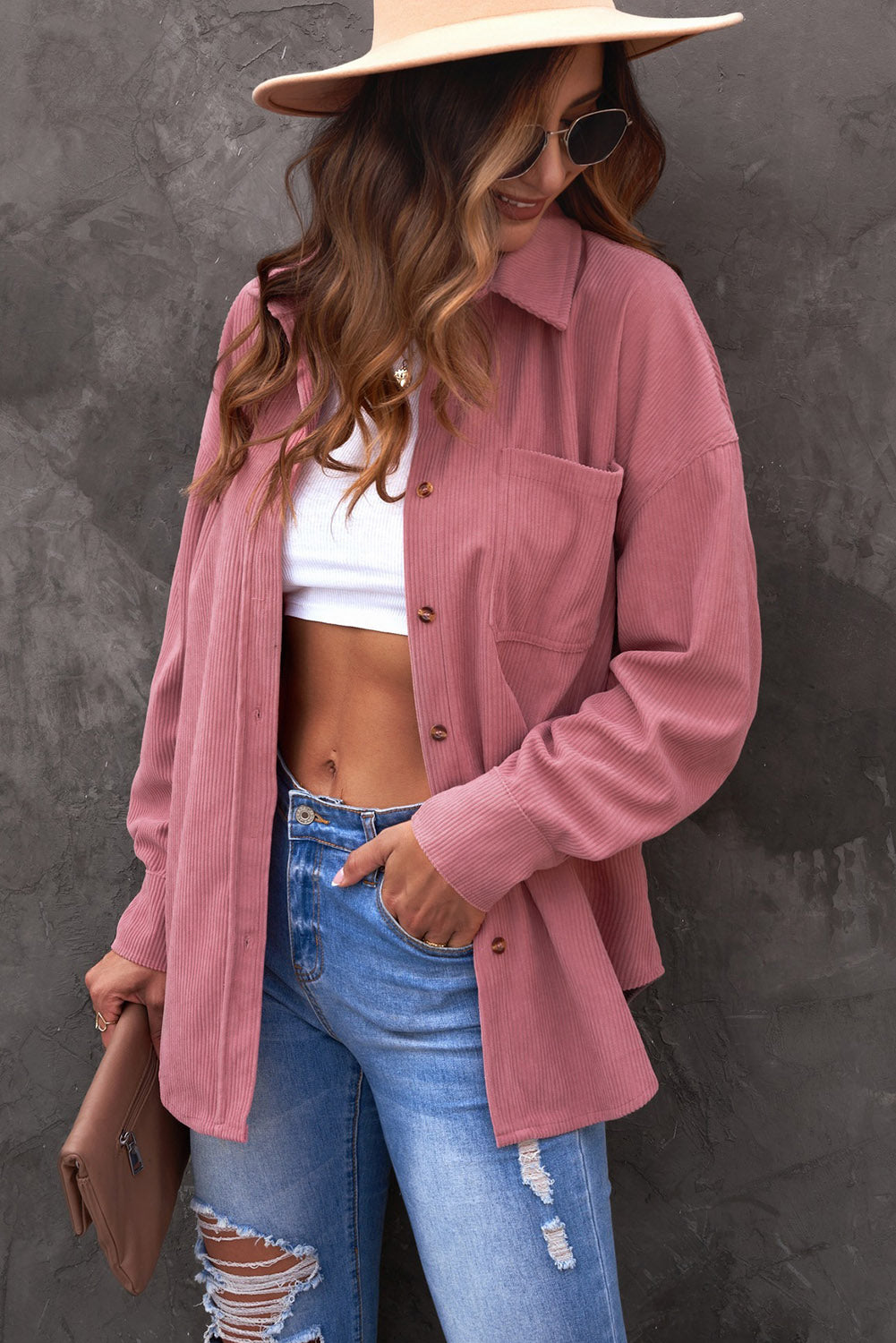 Pink Cord Button Pocket Shirt