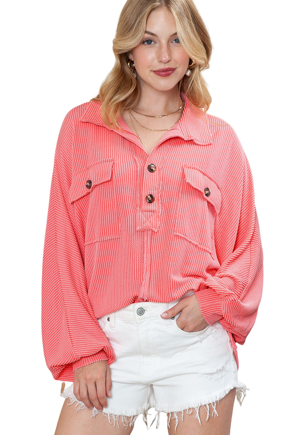 Top de bolsillo de aleta con cordón rosa Henley