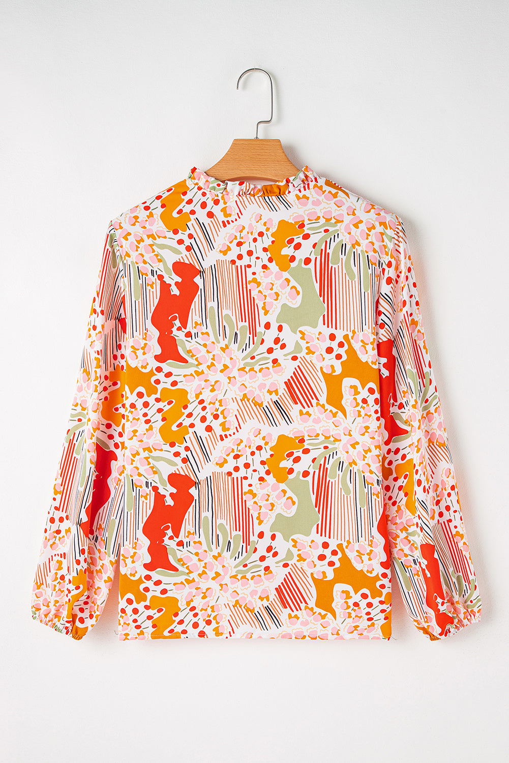 Orange Printed Split V Neck Puff Sleeve Blouse