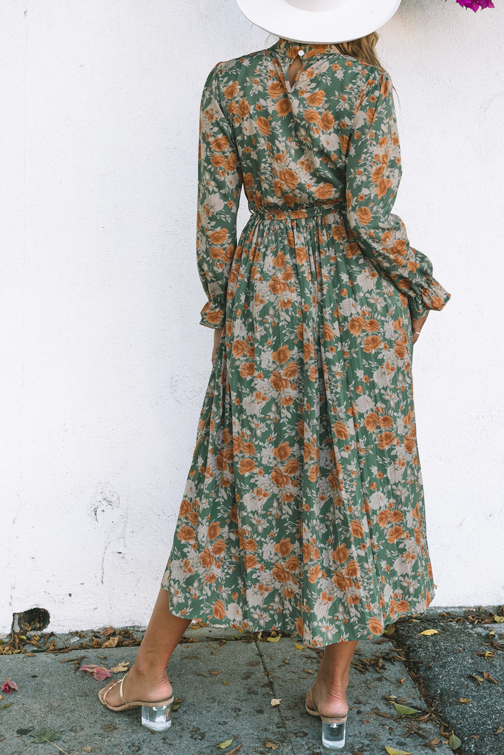 Green Pleated Floral Long Sleeve Maxi Dress with Tie