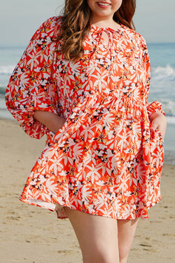 Robe mi-longue orange à imprimé floral, grande taille *