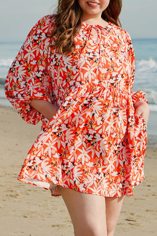 Mid-length orange dress with floral print, large size *