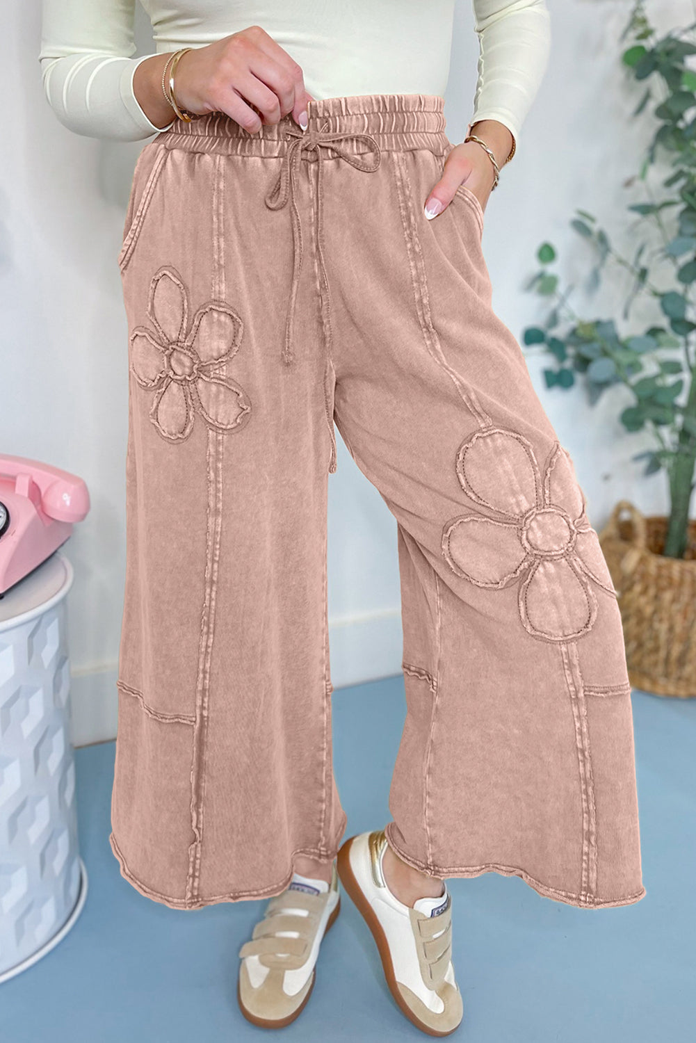 Pantalon court à jambe large en tricot éponge lavé minéral