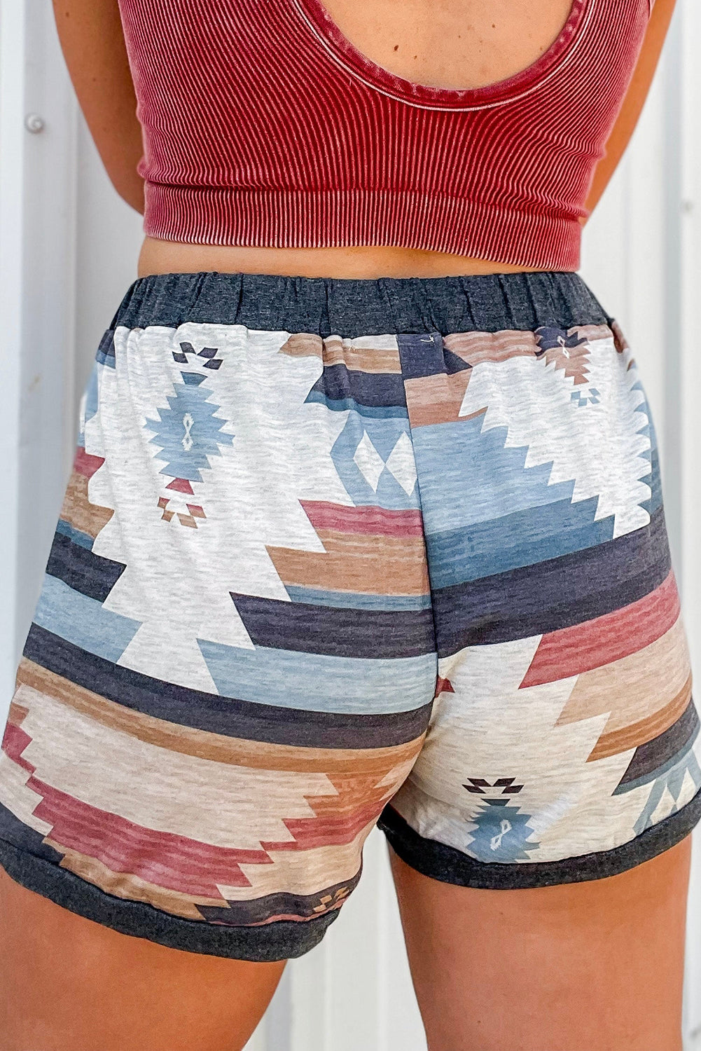 White Aztec Print Casual Shorts with Drawstring Waist