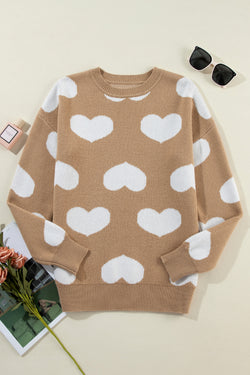 Khaki crew neck sweater with contrasting heart pattern