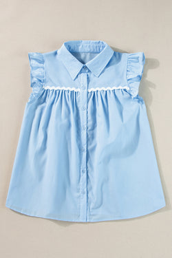 Sleeveless shirt with ruffle and ric rac blue sky border