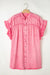 Pink Ruffle Short Sleeve Button Up Denim Mini Dress