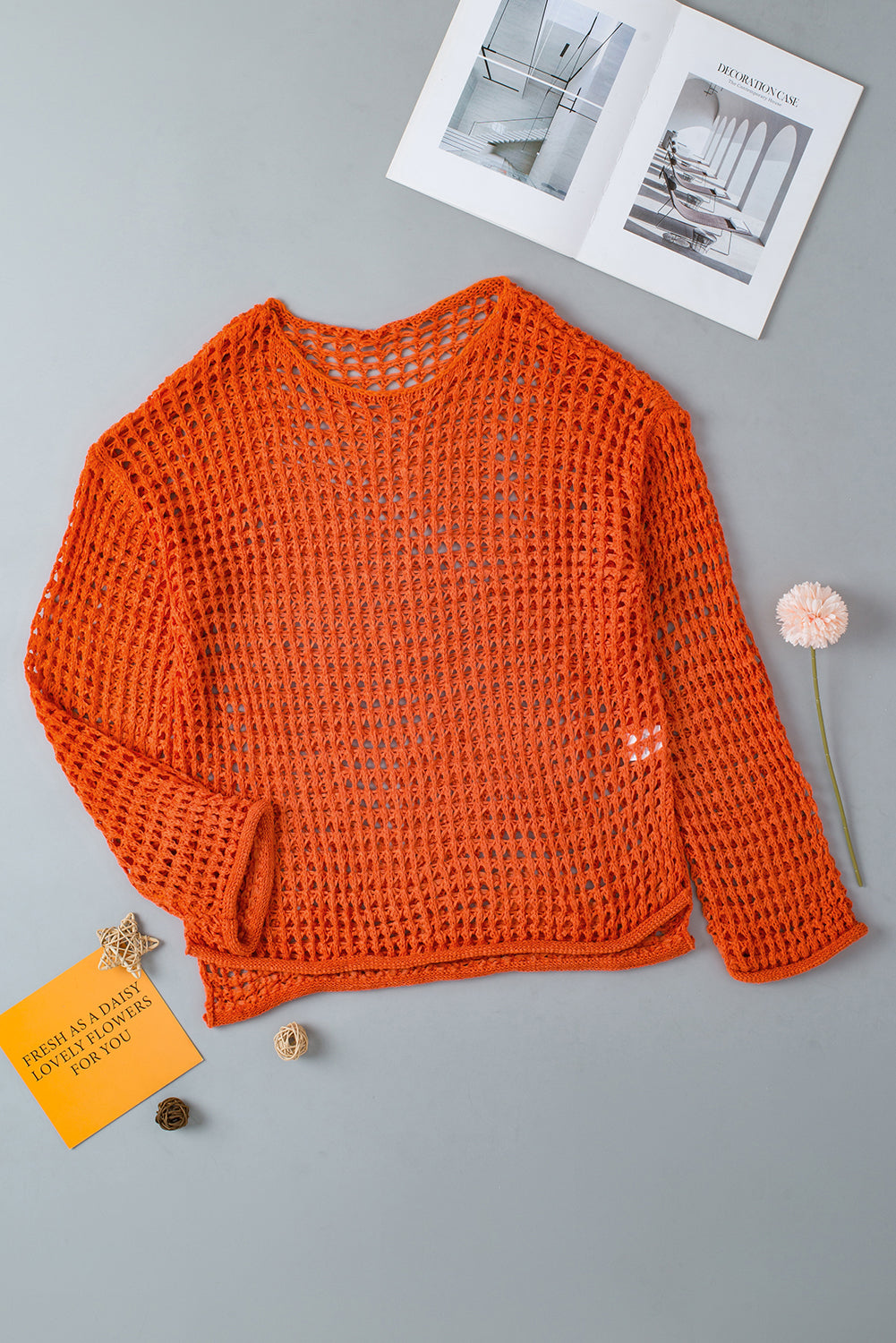 Sweater de túnica de manga de campana de crochet de punto de punto abierto de color naranja