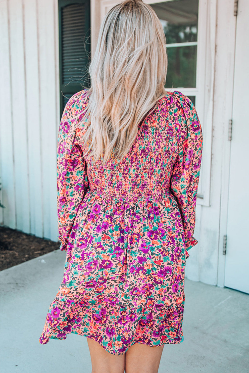 Purple Floral Smocked V-Neck Puff Sleeve Dress