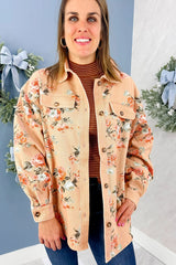 Khaki Floral Print Long Sleeve Shift 100% Cotton Denim Jacket