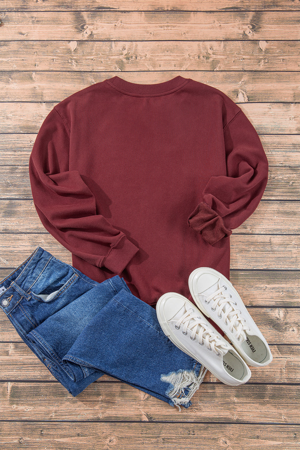 Sweat-shirt bordeaux uni à épaules tombantes et col rond