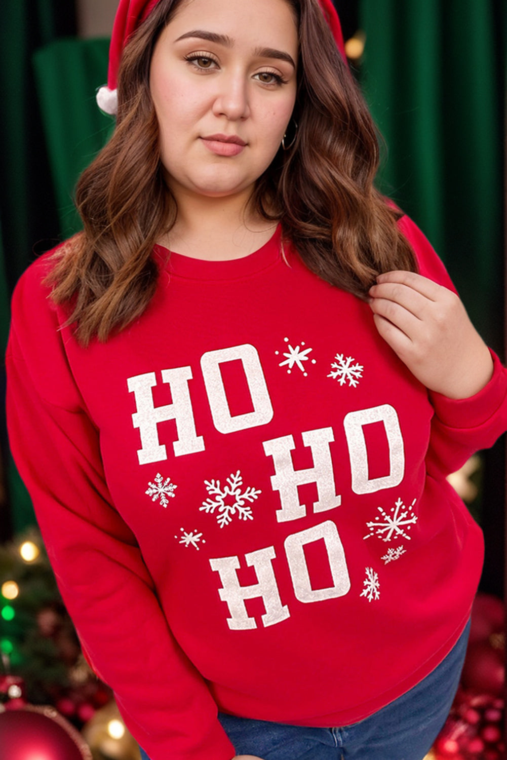 Plus Size Ho Ho Ho Graphic Red Hot Christmas Sweatshirt