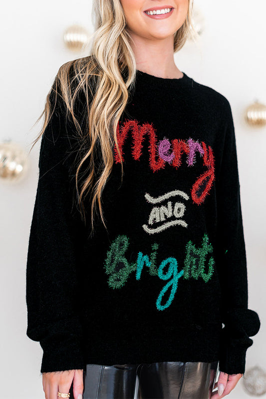 Merry and Bright Black Tinsel Graphic Christmas Sweater