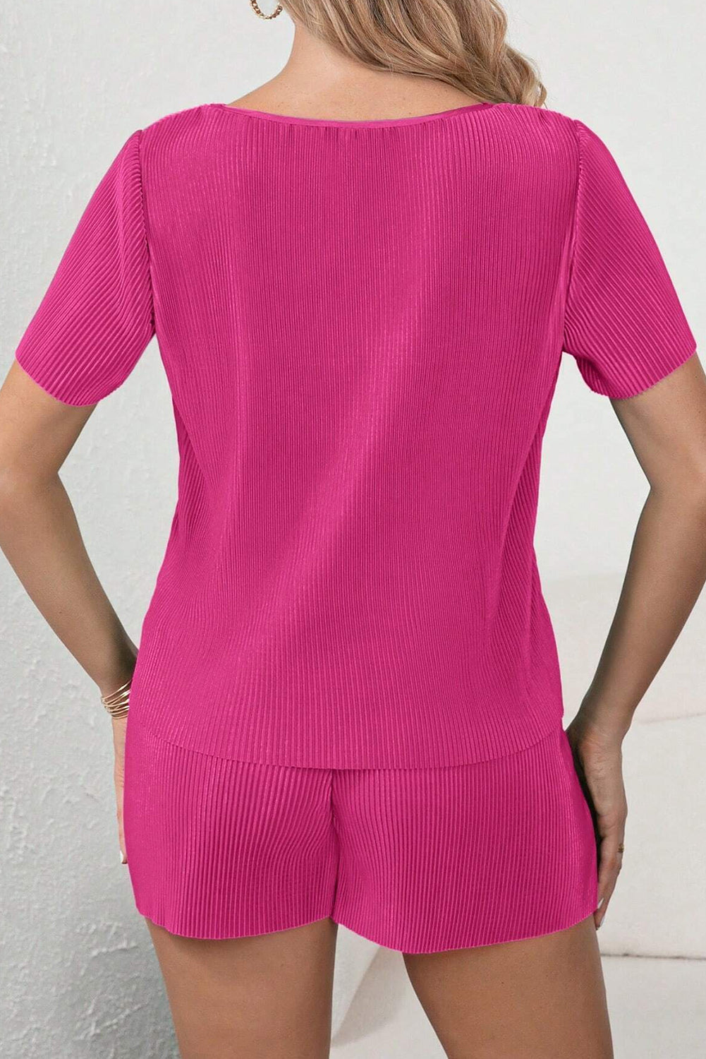 Hot Pink Casual Pleated Short Two Piece Set