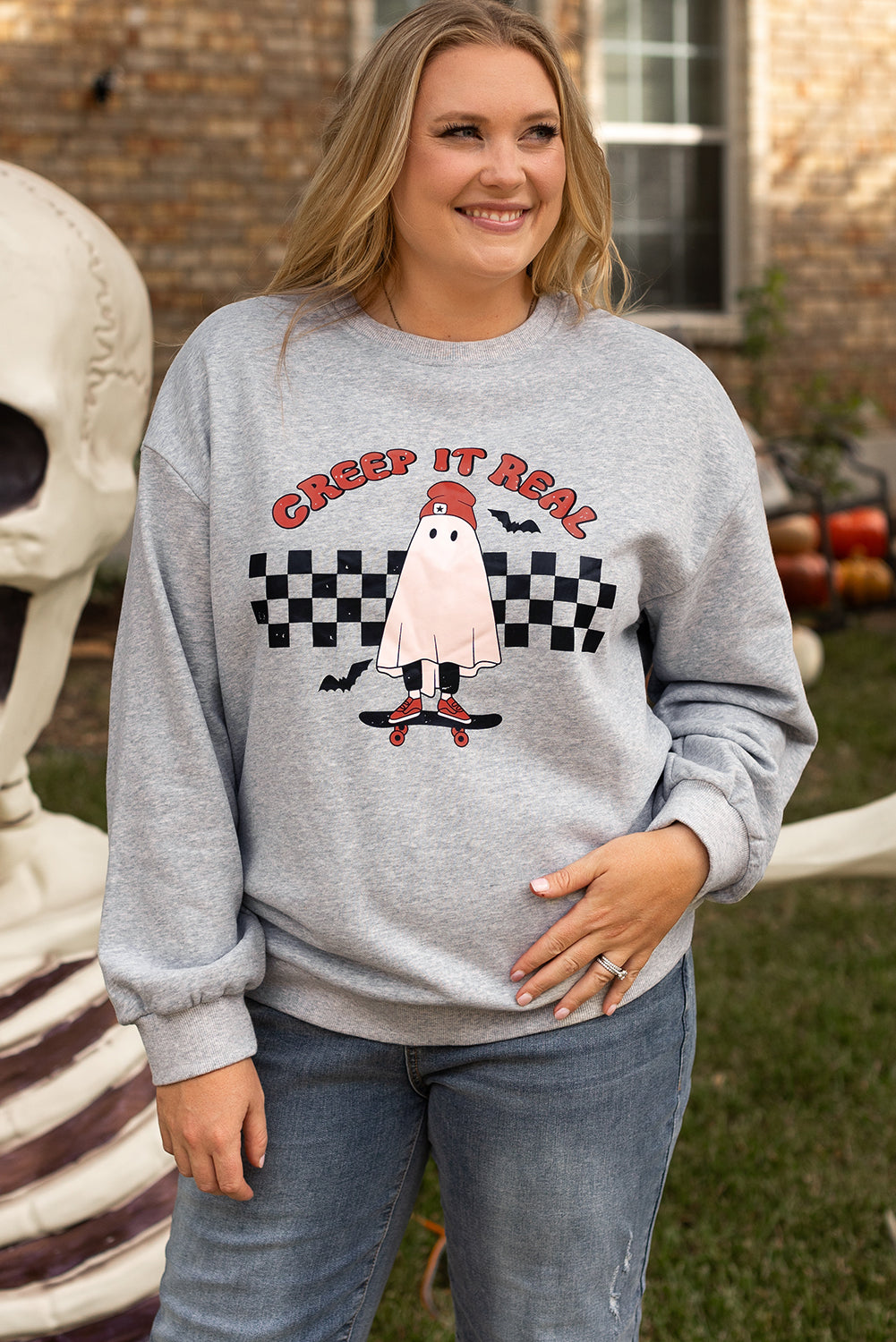 Sweat-shirt gris clair Creep It Real Ghost imprimé grande taille