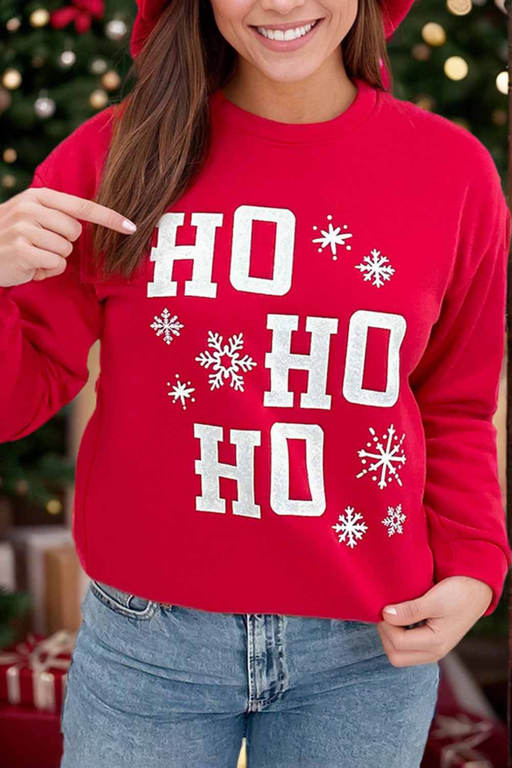 Plus Size Ho Ho Ho Graphic Red Hot Christmas Sweatshirt