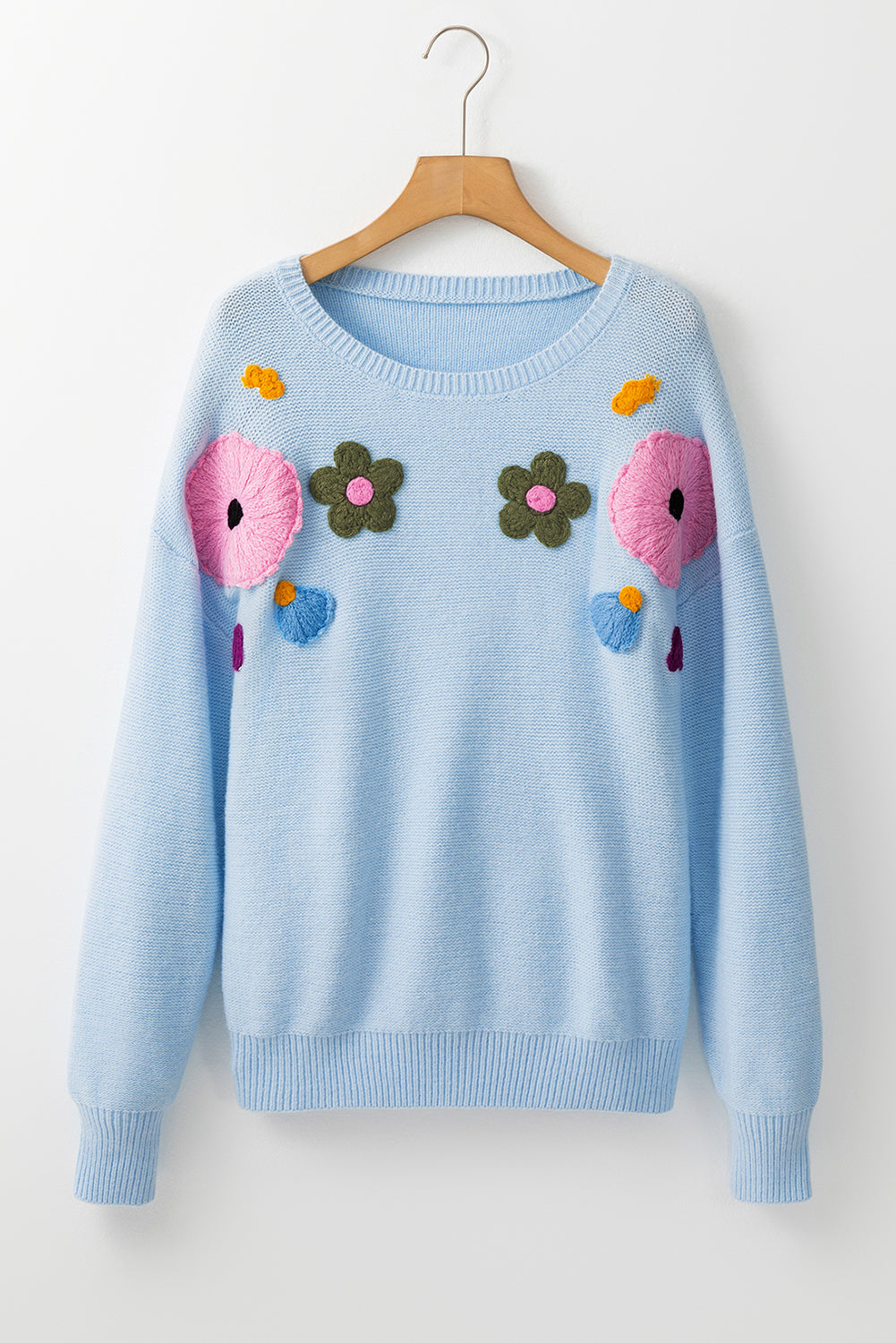 Light Blue Knitted Flower Pattern Ribbed Edge Sweater