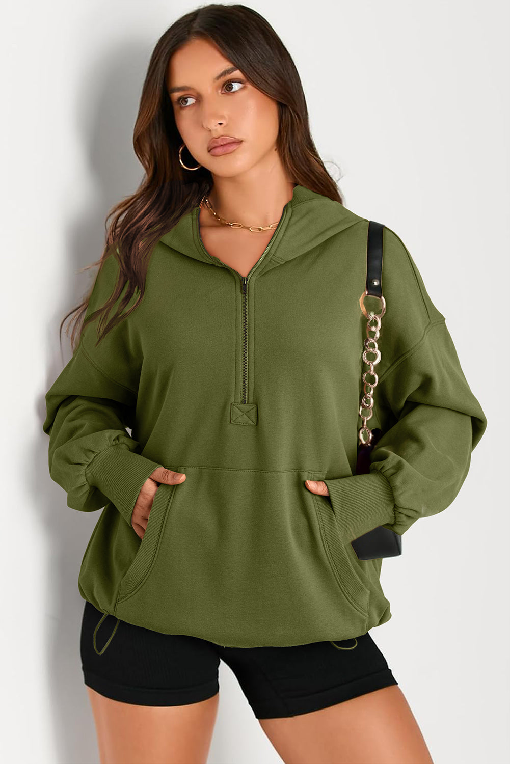 Moss Green Solid Kangaroo Pocket Half Zipper Sampalie de gran tamaño