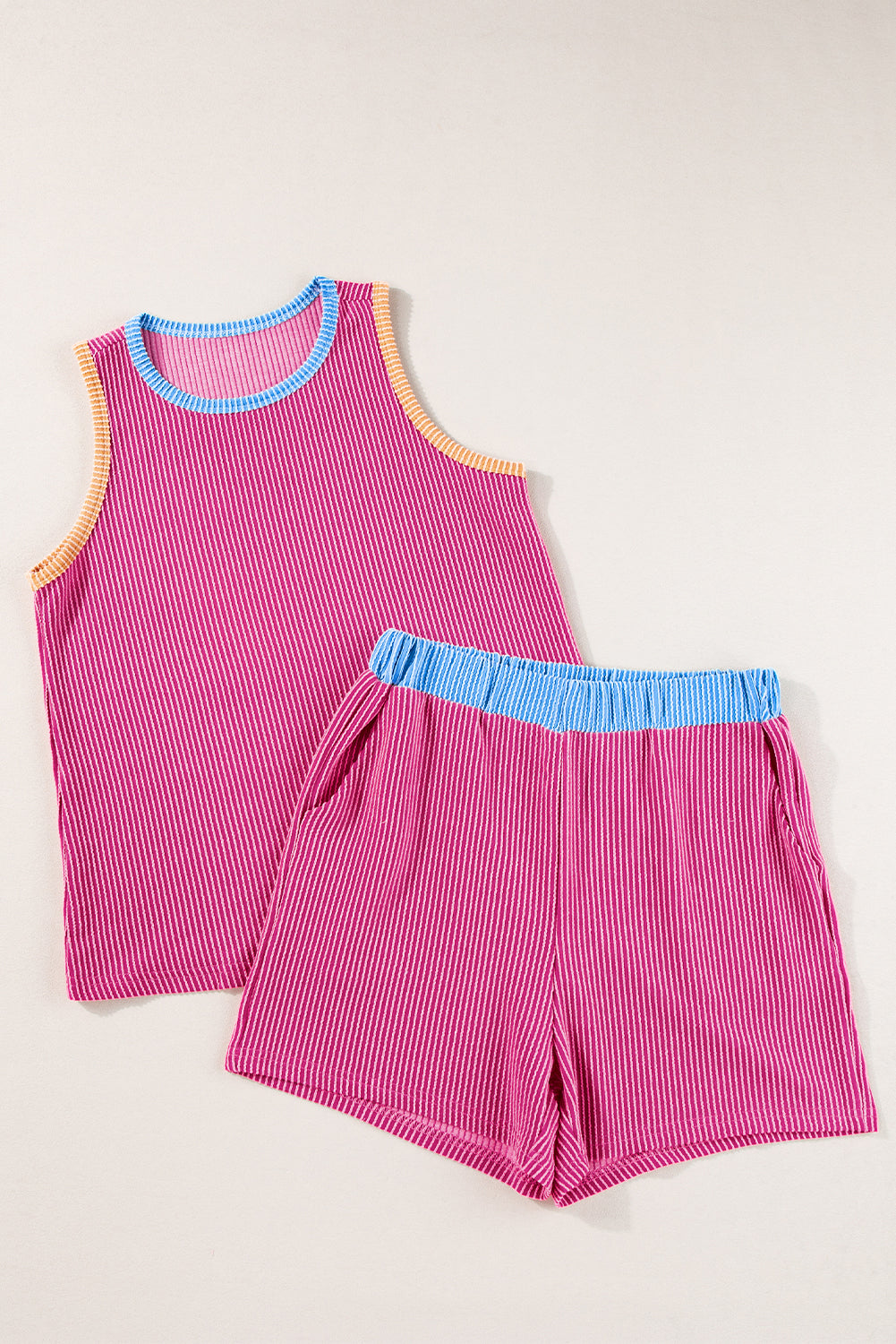 Hot Pink Contrast Trim Sleeveless Top and Shorts Set