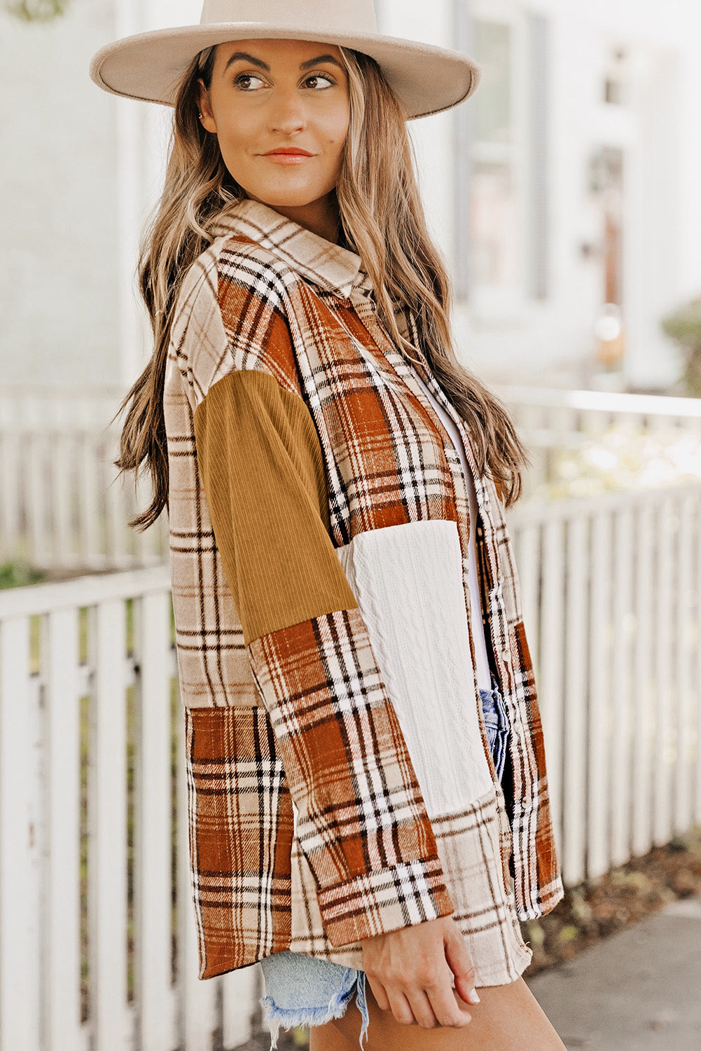 Veste chemise patchwork à carreaux orange avec poche