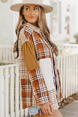 Orange plaid patchwork shirt jacket with pocket