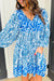 Sky Blue Bohemian Print Tie V-Neck Puff Sleeve Flared Mini Dress