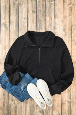 Black sweatshirt with stand-up collar and kangaroo pocket with quarter-turn zip