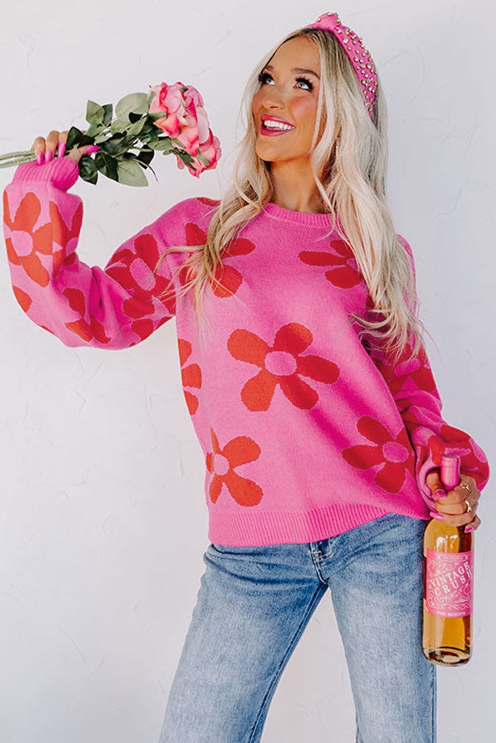 Rose Big Flower Strick -Rippen -Trimmpullover