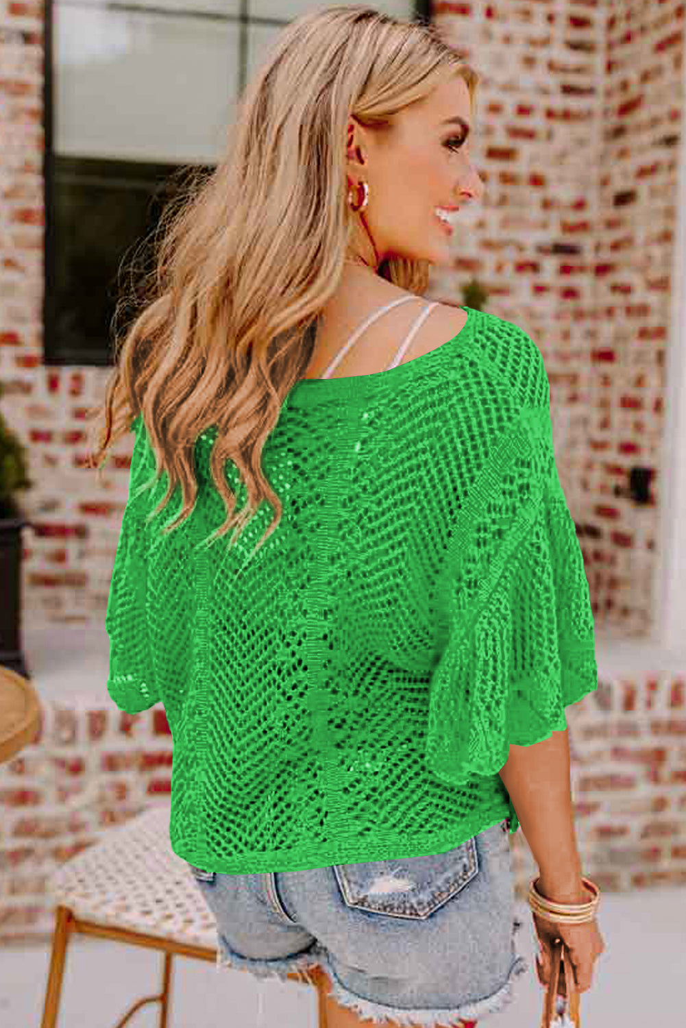 Haut vert à manches courtes en tricot pointelle et bord festonné