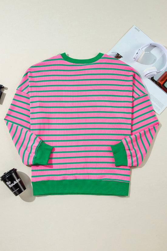 Plus Size Pink Striped Waffle Knit Crew Neck Sweatshirt