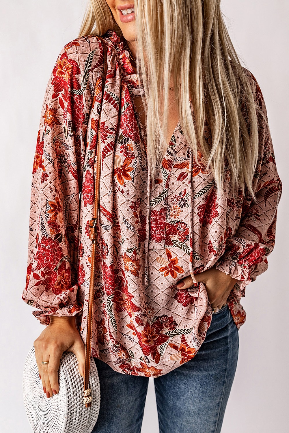 Blouse imprimée rose fendue à col en V-A WOMAN WE LOVE