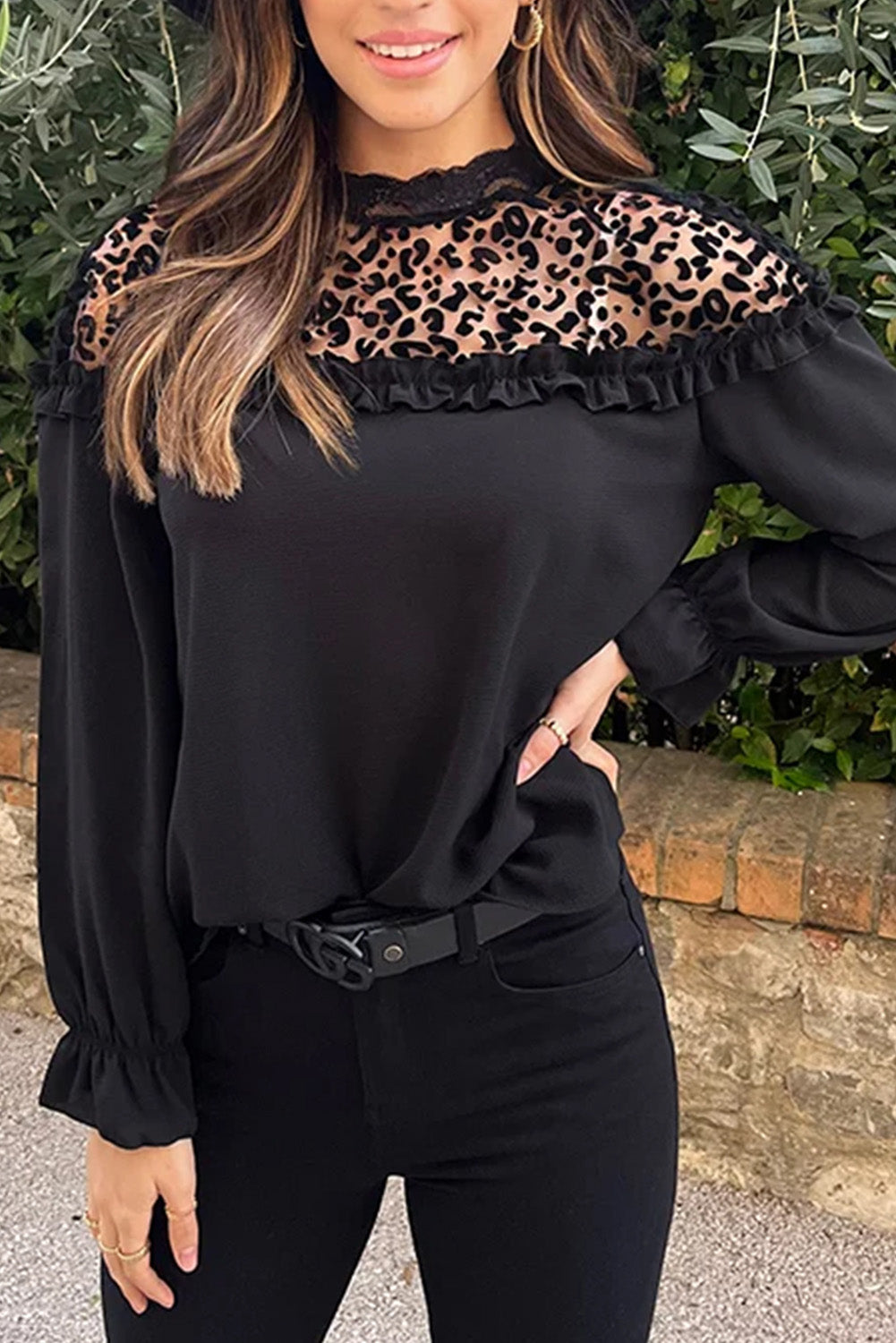 Black Blouse à manches longues en maillage léopard noir