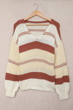 Knitted V-neck sweater with lantern sleeves