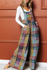 Multi-colored brushed plaid wide-leg overalls