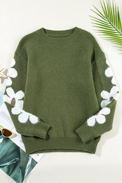 Moss green sweater with dropped shoulders and floral sleeves