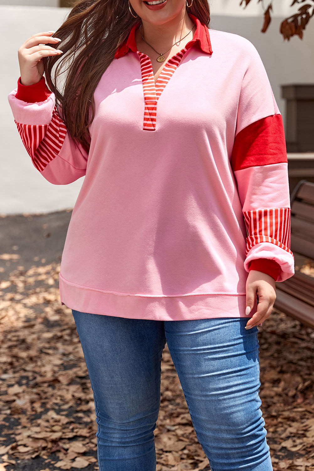 Plus Size Pink Striped Patchwork Side Split Neck Sweatshirt