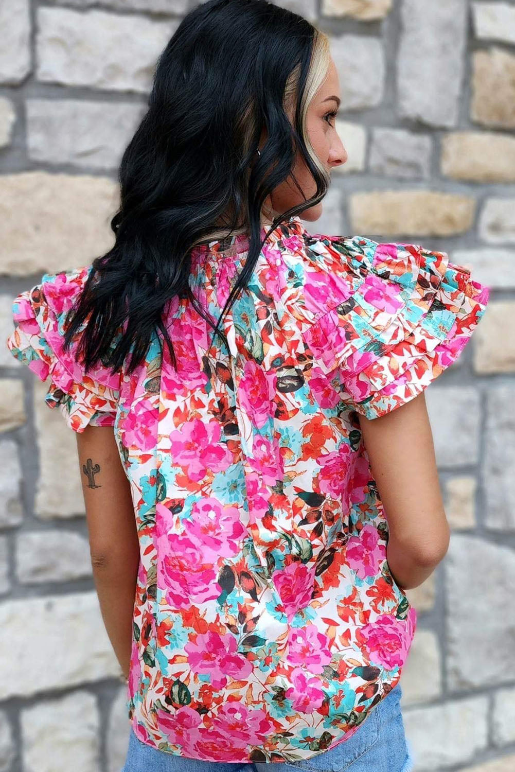 Rose Ruffle Flutter Sleve Floral Print Print