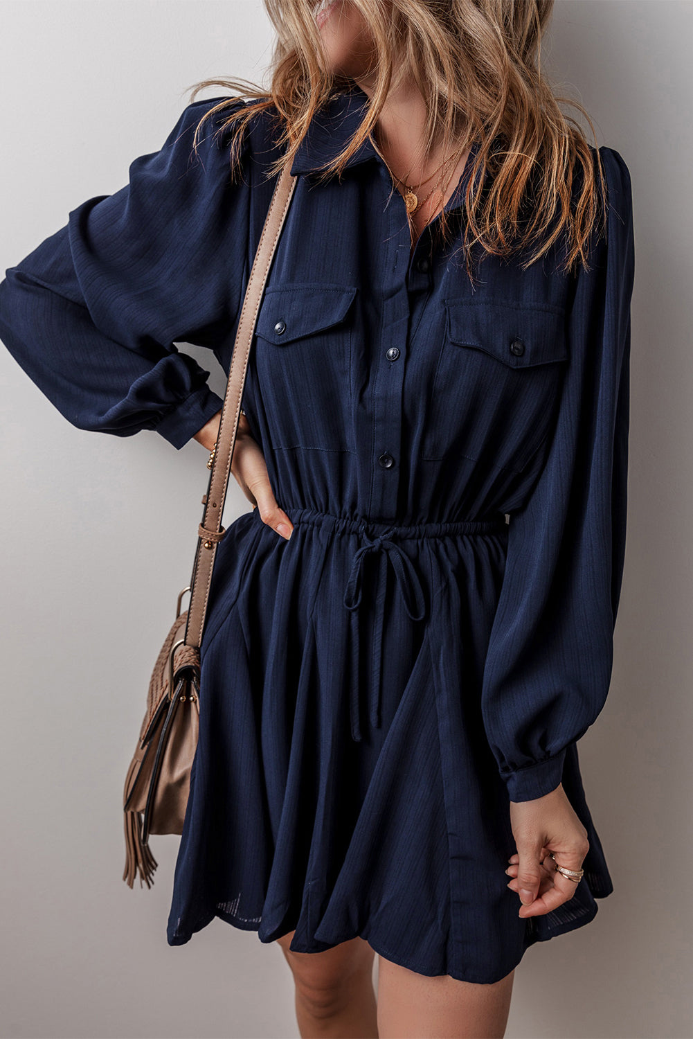 Navy Blue Solid Chest Pockets Tunic Shirt Mini Dress