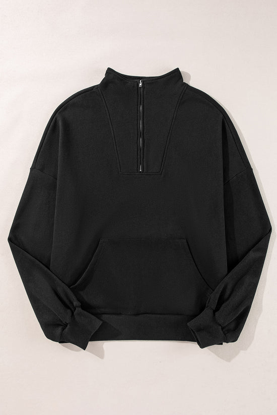 Black zip-up sweatshirt with stand-up collar and kangaroo pocket