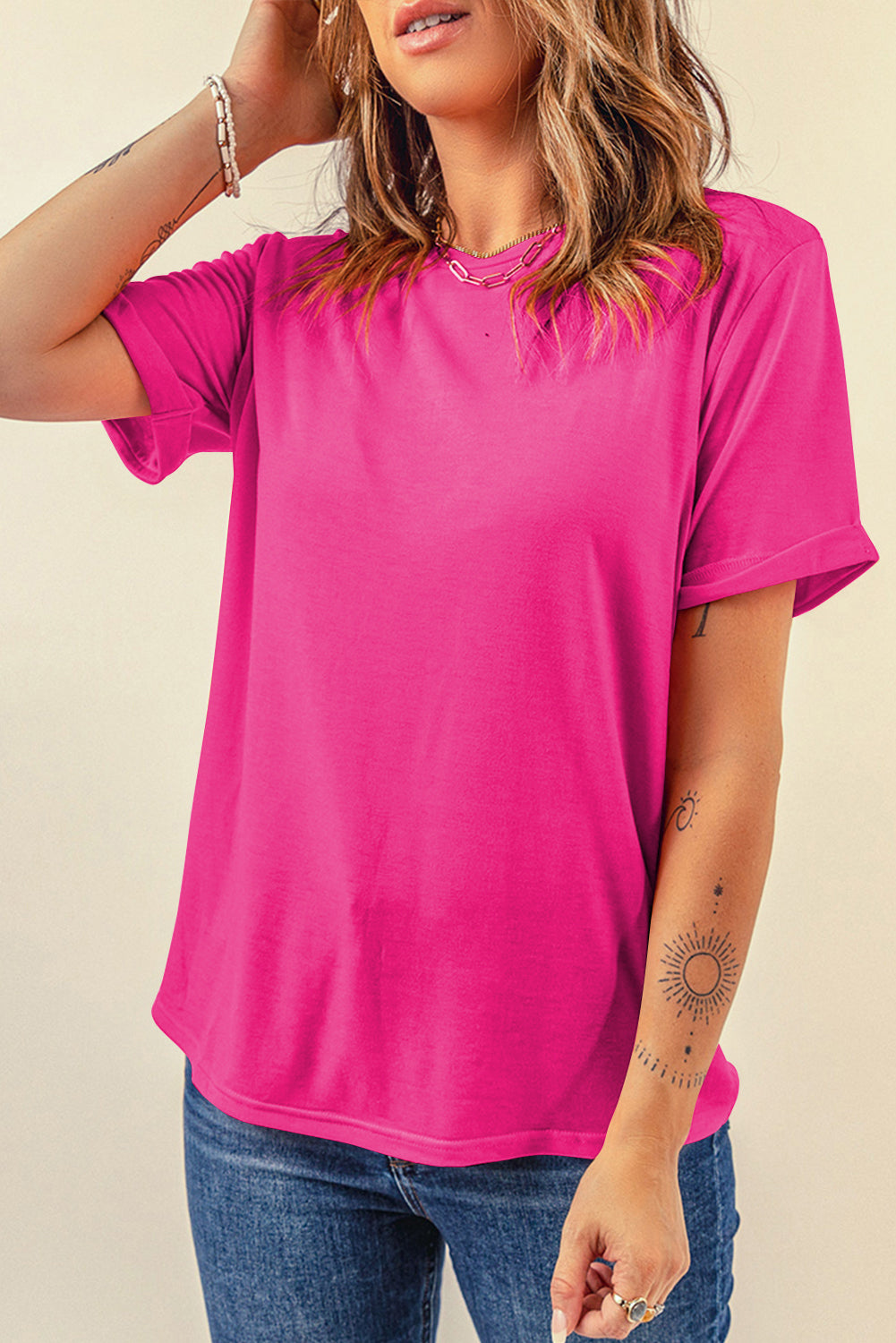 Rose Red Casual Plain Crew Neck T -Shirt