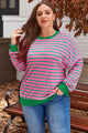 Plus Size Pink Striped Waffle Knit Crew Neck Sweatshirt