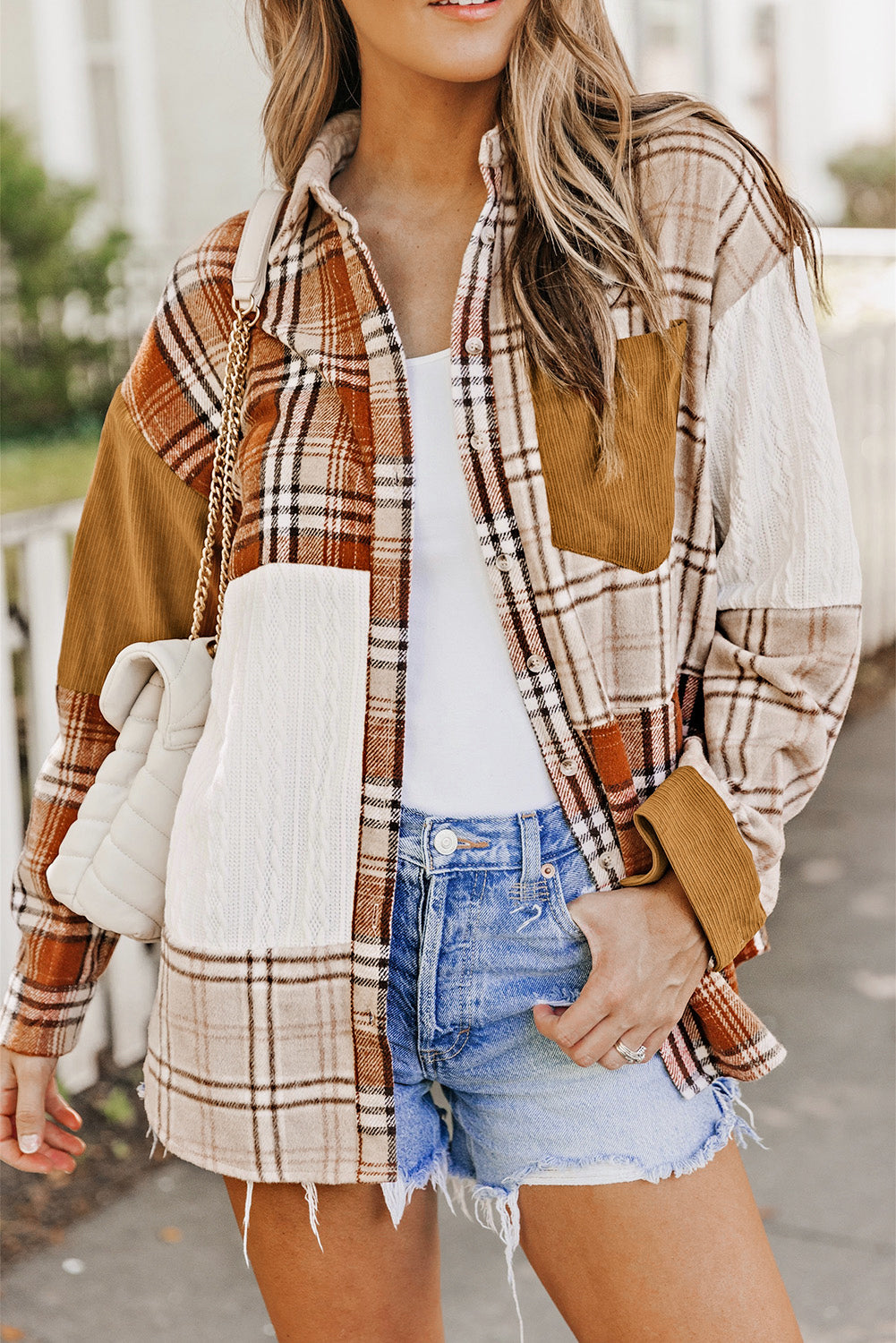 Orange plaid patchwork shirt jacket with pocket