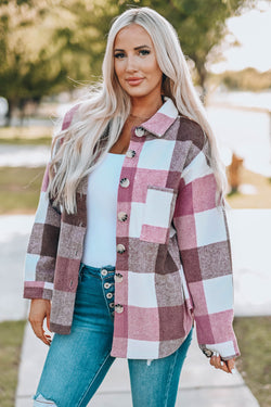 Veste à carreaux à manches longues boutonnée en blocs de couleurs avec poche