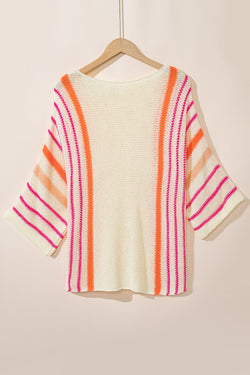 Lightweight knitted sweater with wide sleeves and white striped details