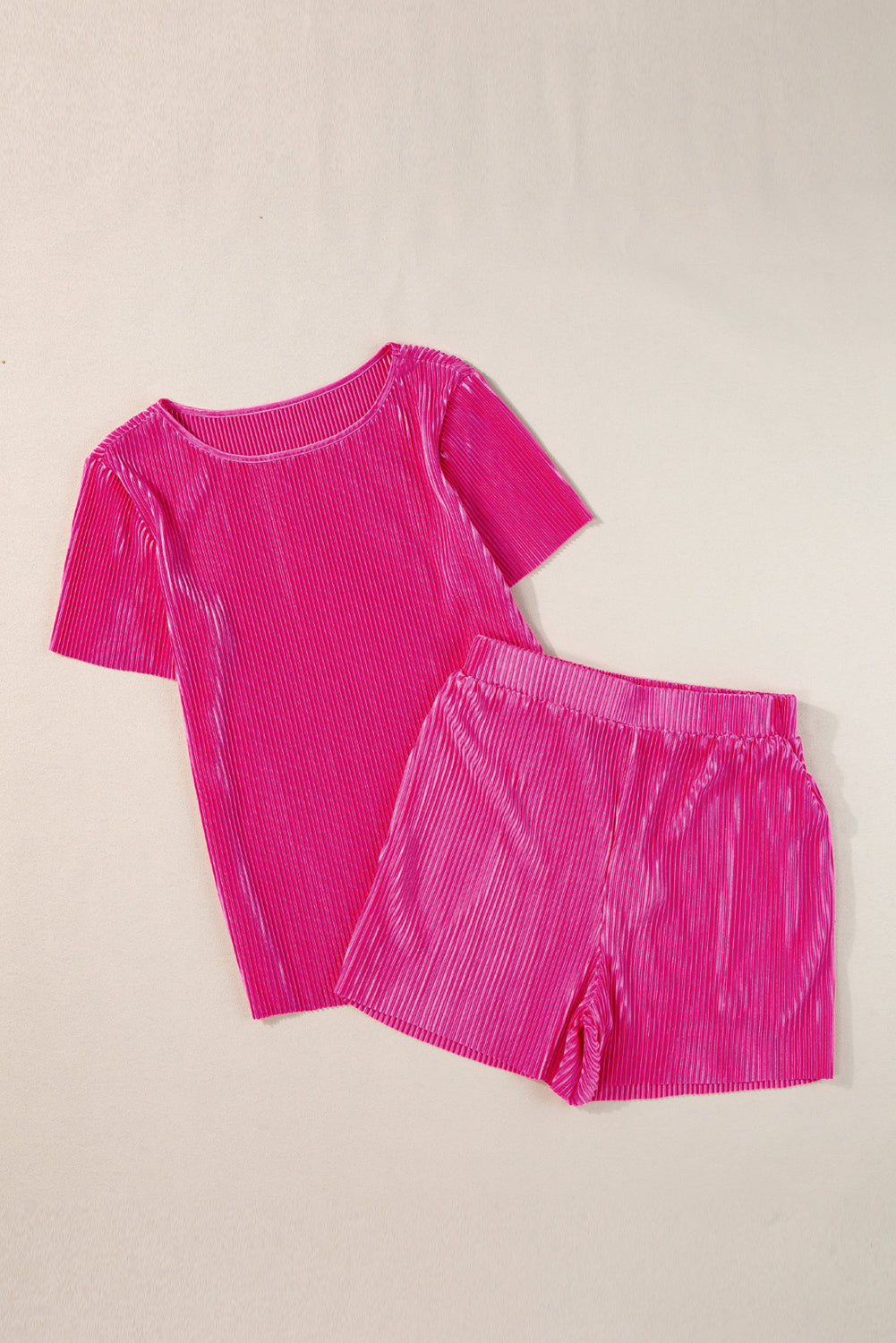 Hot Pink Casual Pleated Short Two Piece Set