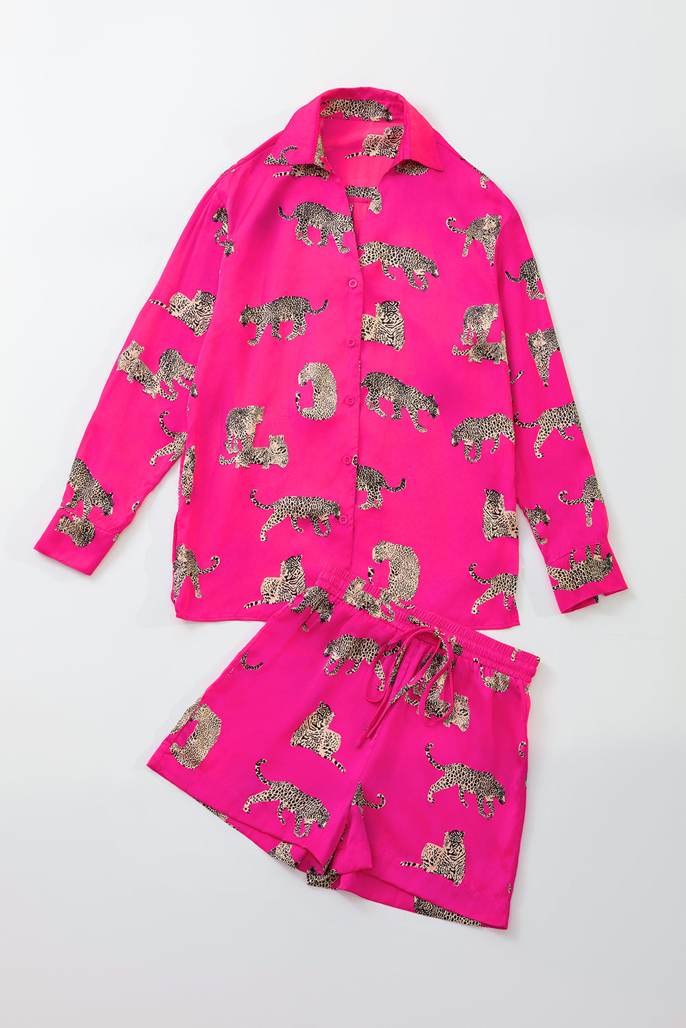 Erdbeer -Pink -Geparden -Druck -Satin -Shirt und Shorts Lounge Set