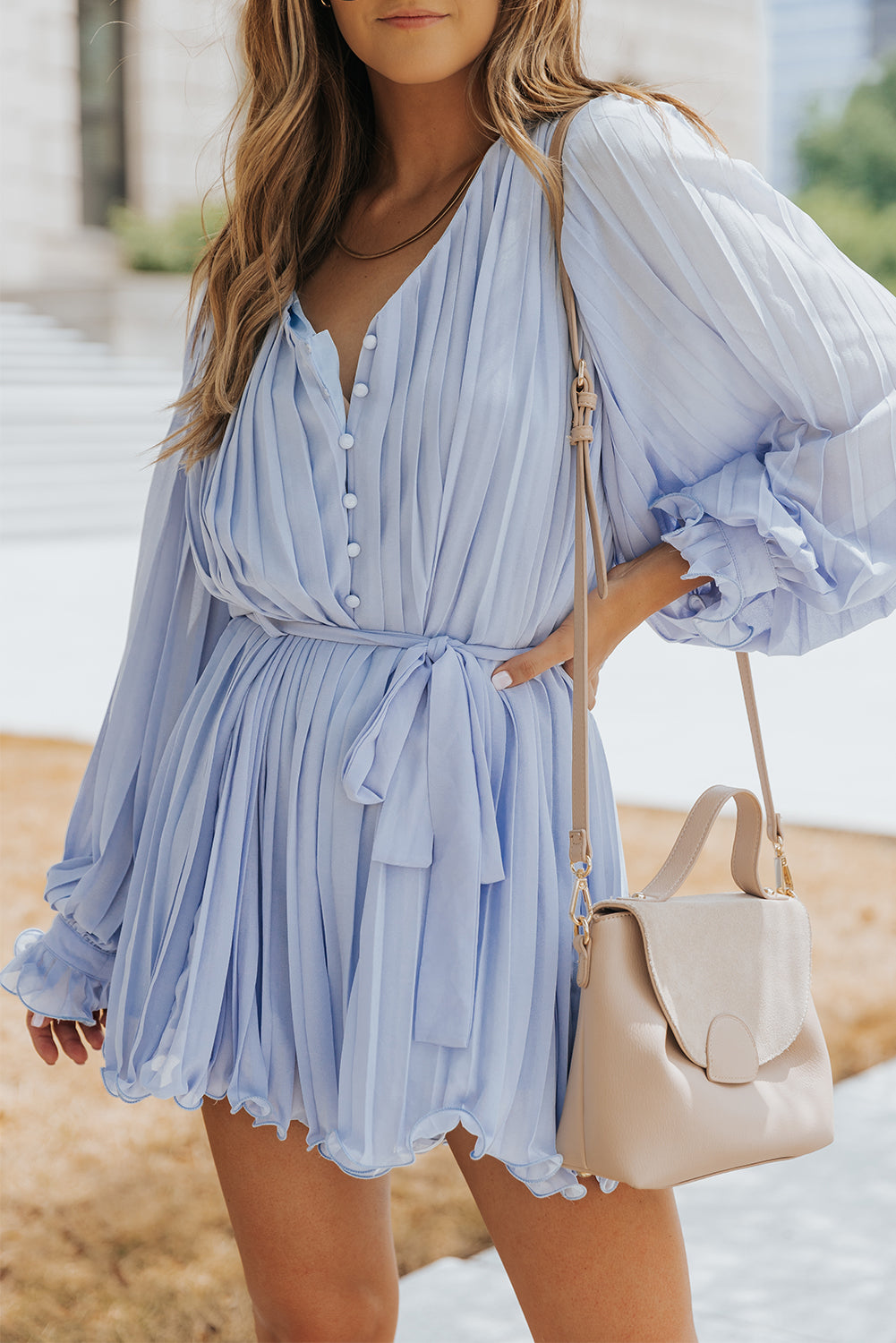 Sky Blue V-Neck Pleated Romper with Ruffles and Buttons at the Waist