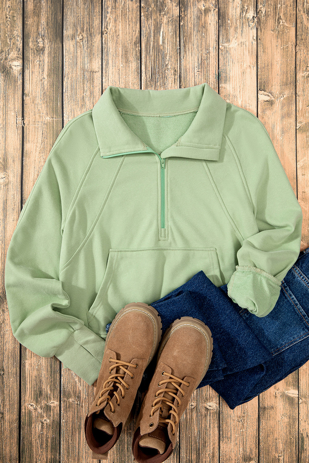 Smoke green sweatshirt with kangaroo pocket and stand-up collar with quarter zip